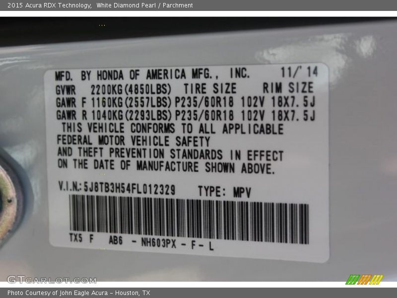 White Diamond Pearl / Parchment 2015 Acura RDX Technology