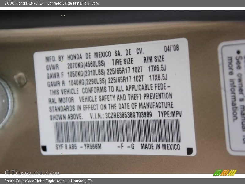 Borrego Beige Metallic / Ivory 2008 Honda CR-V EX