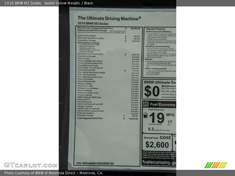  2016 M3 Sedan Window Sticker