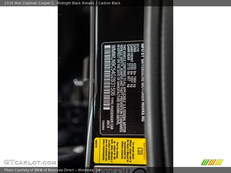 Midnight Black Metallic / Carbon Black 2016 Mini Clubman Cooper S
