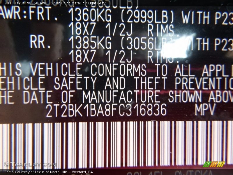 Silver Lining Metallic / Light Gray 2015 Lexus RX 350 AWD