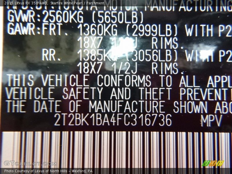 Starfire White Pearl / Parchment 2015 Lexus RX 350 AWD