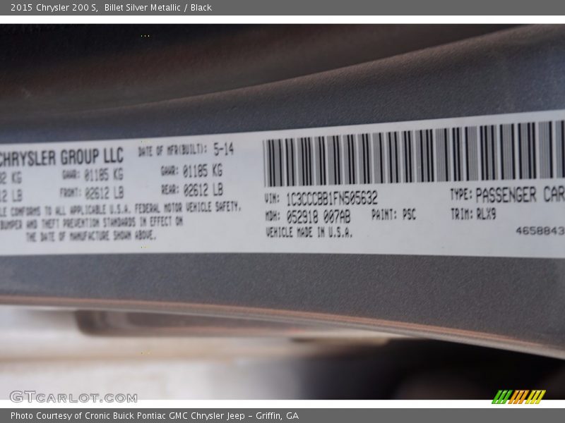 Billet Silver Metallic / Black 2015 Chrysler 200 S