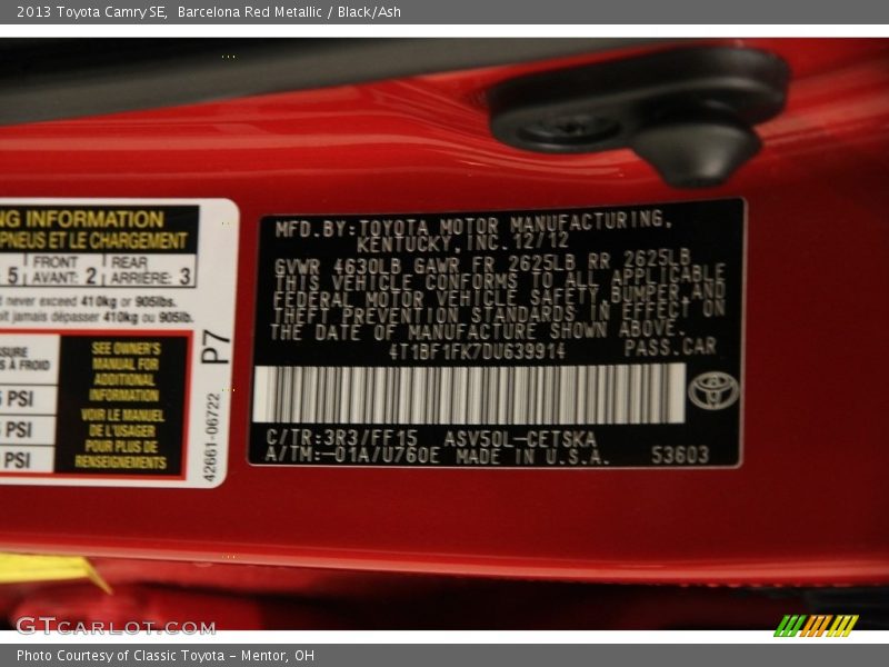 Barcelona Red Metallic / Black/Ash 2013 Toyota Camry SE