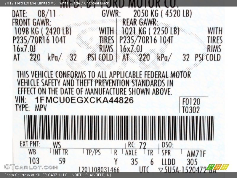 White Suede / Charcoal Black 2012 Ford Escape Limited V6