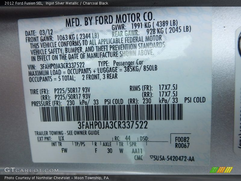Ingot Silver Metallic / Charcoal Black 2012 Ford Fusion SEL
