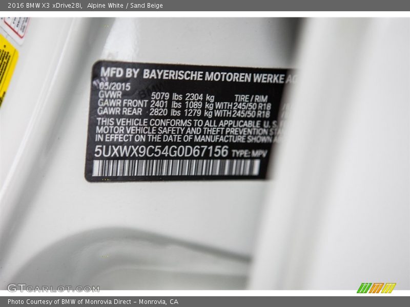 Alpine White / Sand Beige 2016 BMW X3 xDrive28i
