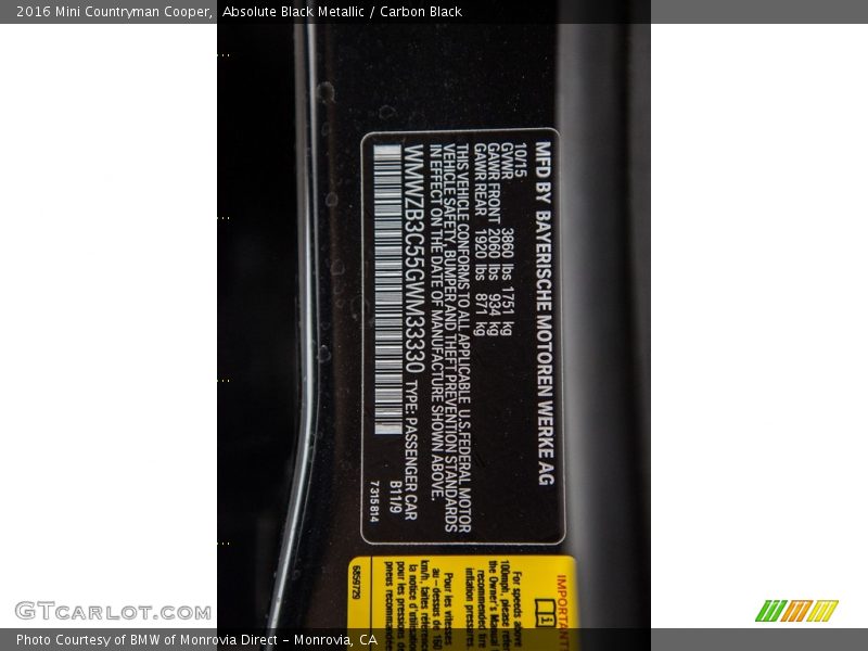 Absolute Black Metallic / Carbon Black 2016 Mini Countryman Cooper