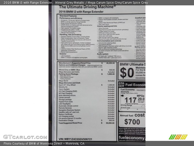 Mineral Grey Metallic / Mega Carum Spice Grey/Carum Spice Grey 2016 BMW i3 with Range Extender