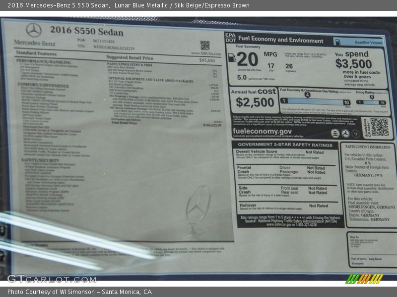 Lunar Blue Metallic / Silk Beige/Espresso Brown 2016 Mercedes-Benz S 550 Sedan