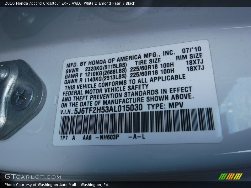 White Diamond Pearl / Black 2010 Honda Accord Crosstour EX-L 4WD