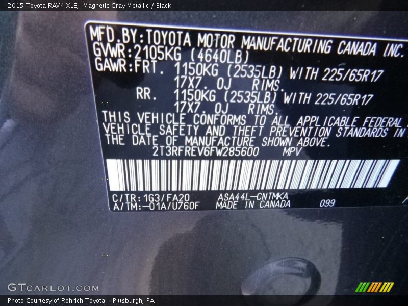 Magnetic Gray Metallic / Black 2015 Toyota RAV4 XLE