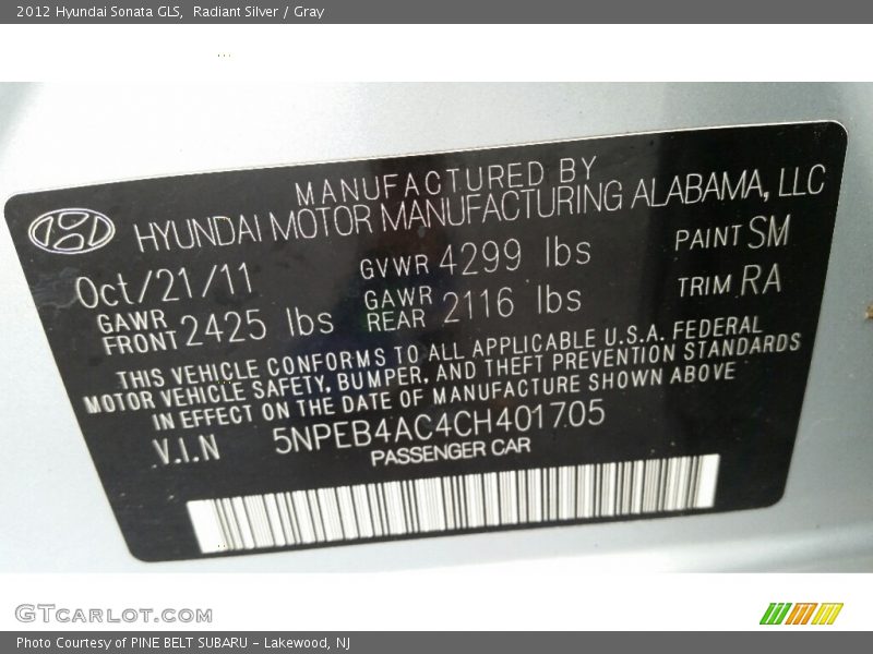 Radiant Silver / Gray 2012 Hyundai Sonata GLS