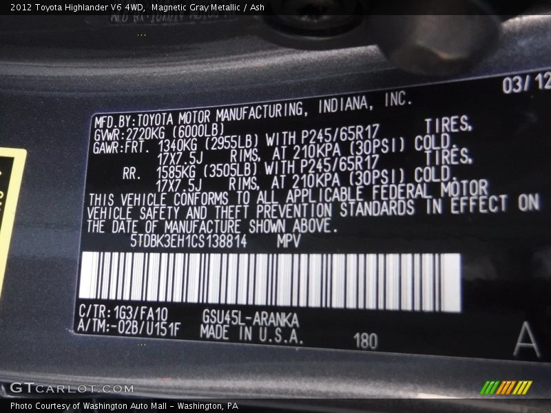 Magnetic Gray Metallic / Ash 2012 Toyota Highlander V6 4WD