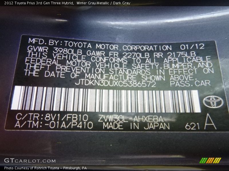 Winter Gray Metallic / Dark Gray 2012 Toyota Prius 3rd Gen Three Hybrid