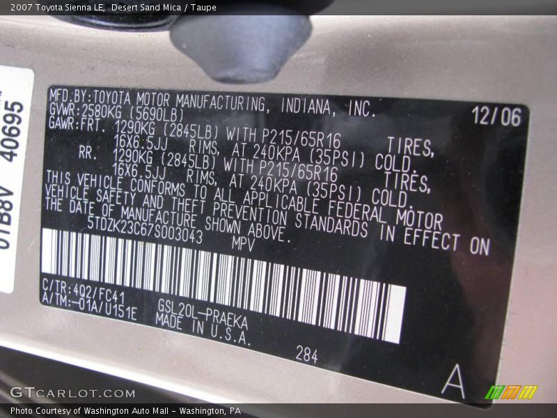 Desert Sand Mica / Taupe 2007 Toyota Sienna LE