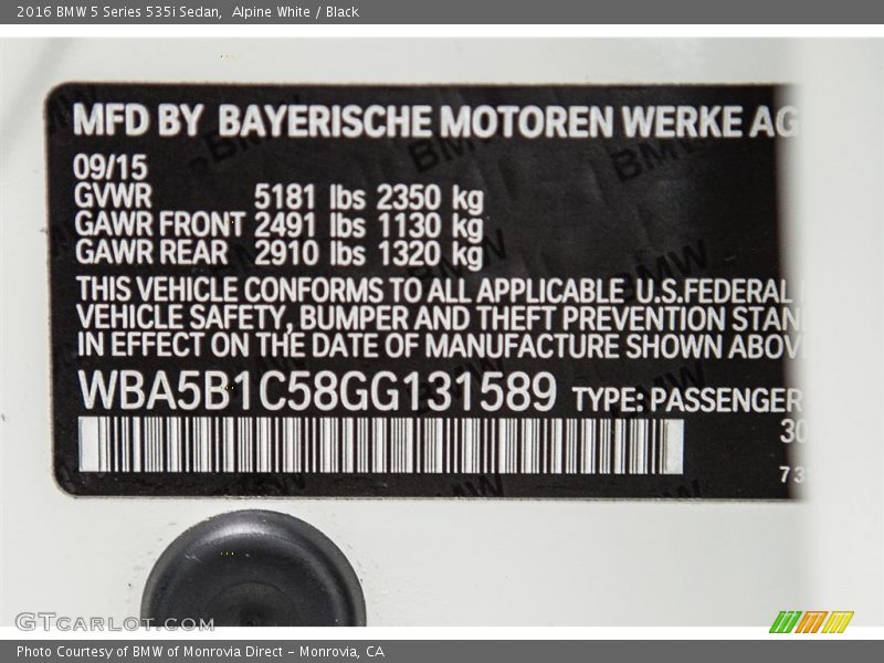 Alpine White / Black 2016 BMW 5 Series 535i Sedan