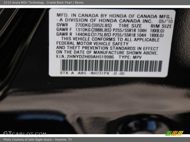 Crystal Black Pearl / Ebony 2010 Acura MDX Technology