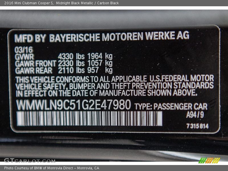 Midnight Black Metallic / Carbon Black 2016 Mini Clubman Cooper S