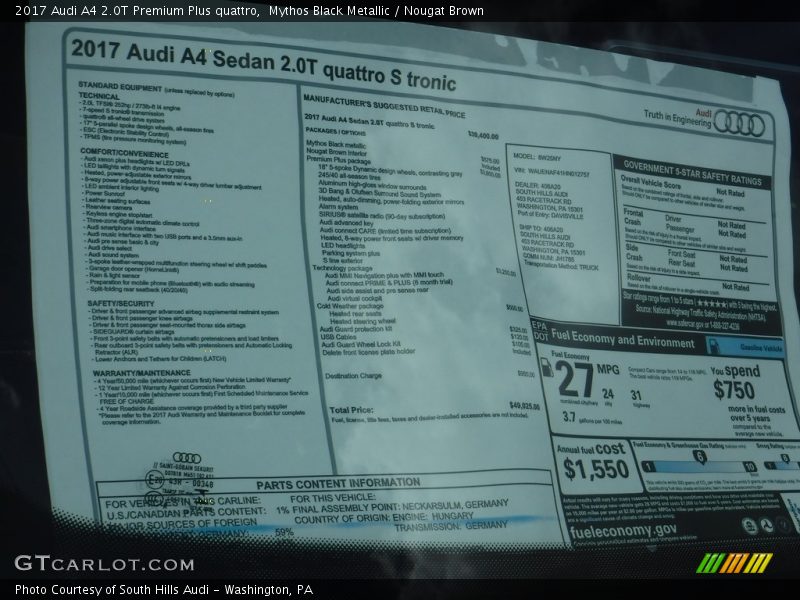  2017 A4 2.0T Premium Plus quattro Window Sticker