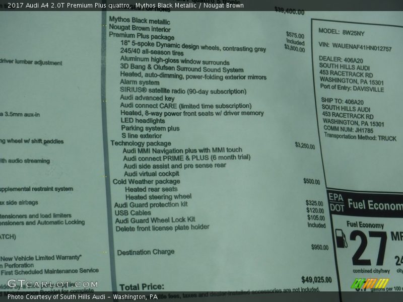  2017 A4 2.0T Premium Plus quattro Window Sticker