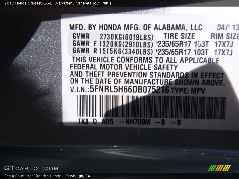 Alabaster Silver Metallic / Truffle 2013 Honda Odyssey EX-L