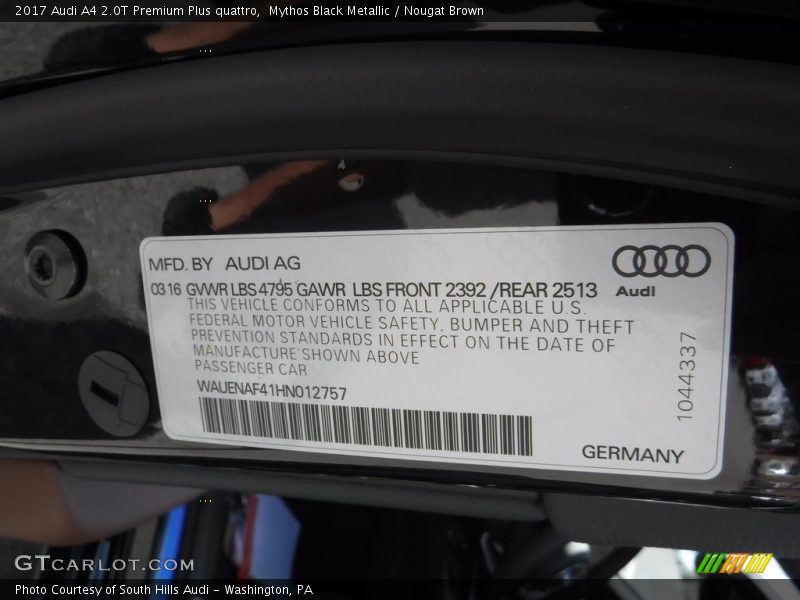 Mythos Black Metallic / Nougat Brown 2017 Audi A4 2.0T Premium Plus quattro