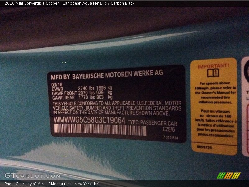 Caribbean Aqua Metallic / Carbon Black 2016 Mini Convertible Cooper
