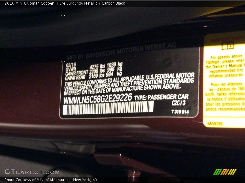 2016 Clubman Cooper Pure Burgundy Metallic Color Code C2C