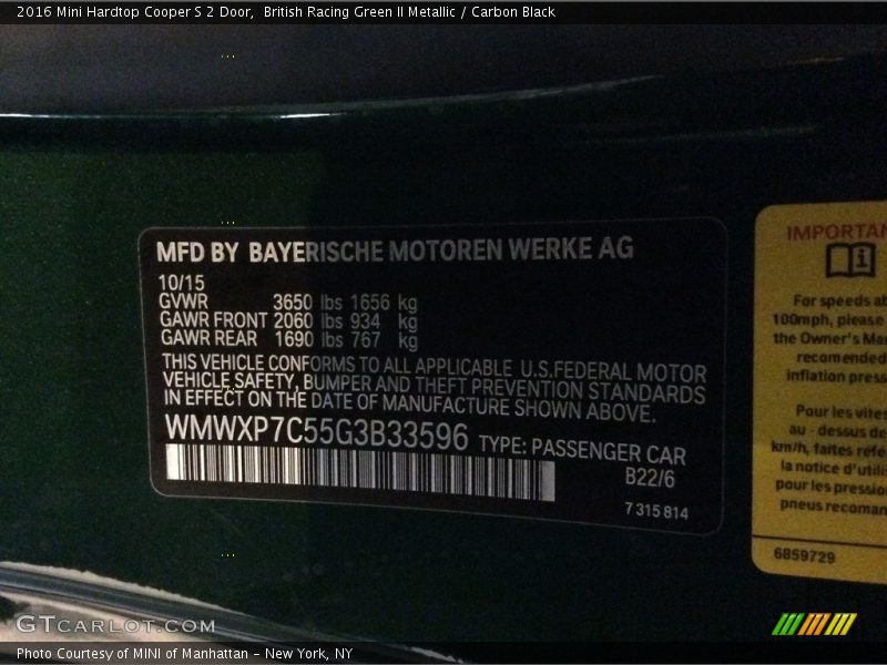 British Racing Green II Metallic / Carbon Black 2016 Mini Hardtop Cooper S 2 Door