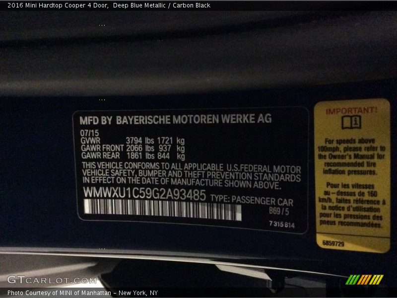 Deep Blue Metallic / Carbon Black 2016 Mini Hardtop Cooper 4 Door