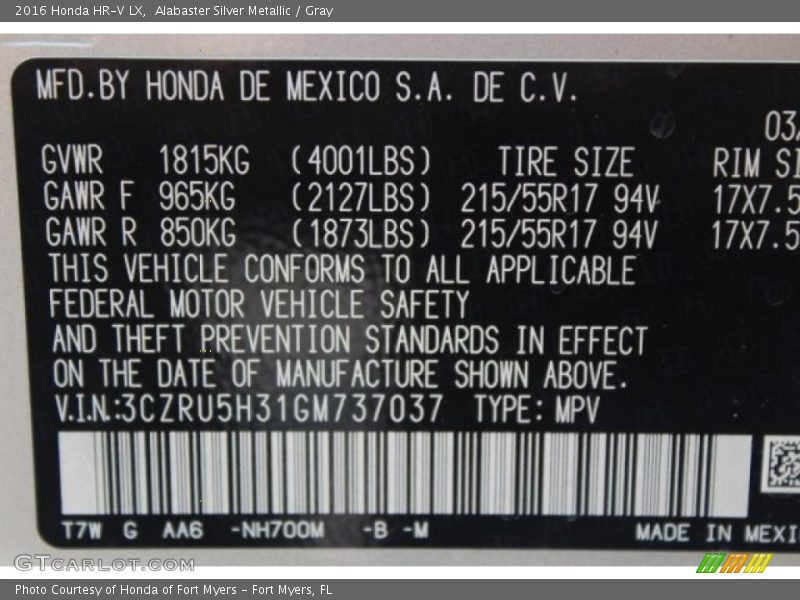 Alabaster Silver Metallic / Gray 2016 Honda HR-V LX