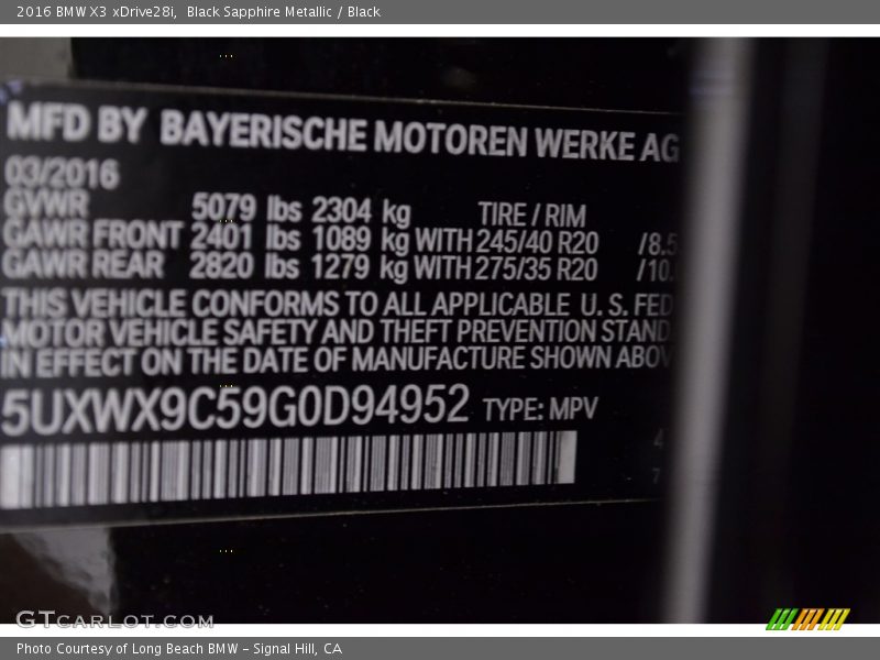 Black Sapphire Metallic / Black 2016 BMW X3 xDrive28i