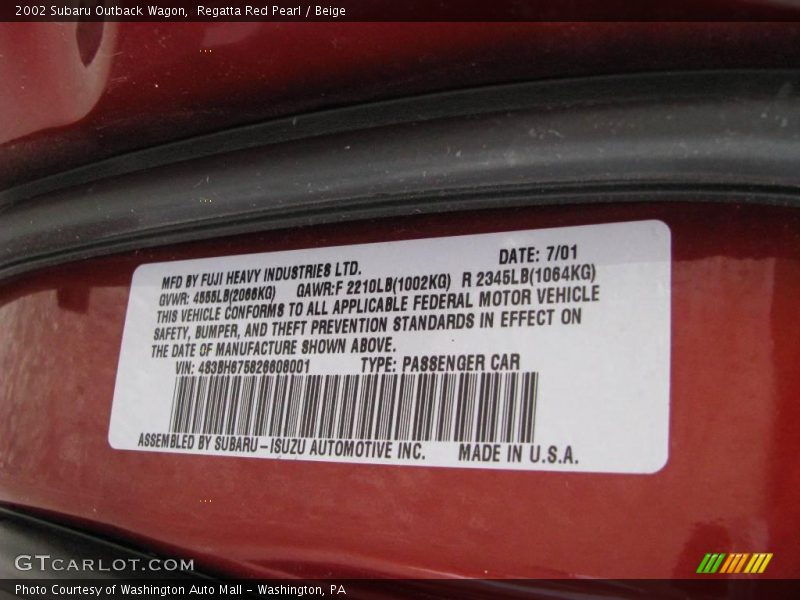 Regatta Red Pearl / Beige 2002 Subaru Outback Wagon