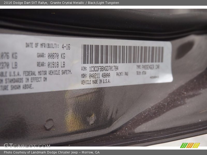 Granite Crystal Metallic / Black/Light Tungsten 2016 Dodge Dart SXT Rallye