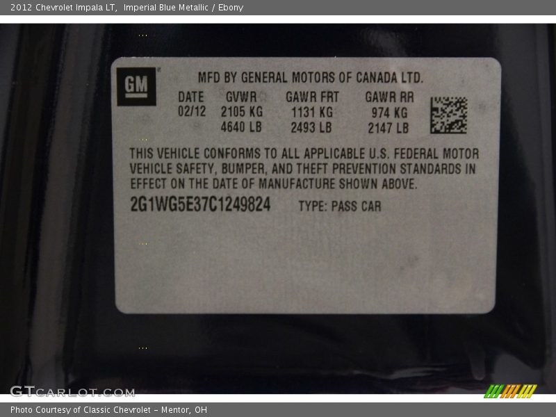 Imperial Blue Metallic / Ebony 2012 Chevrolet Impala LT