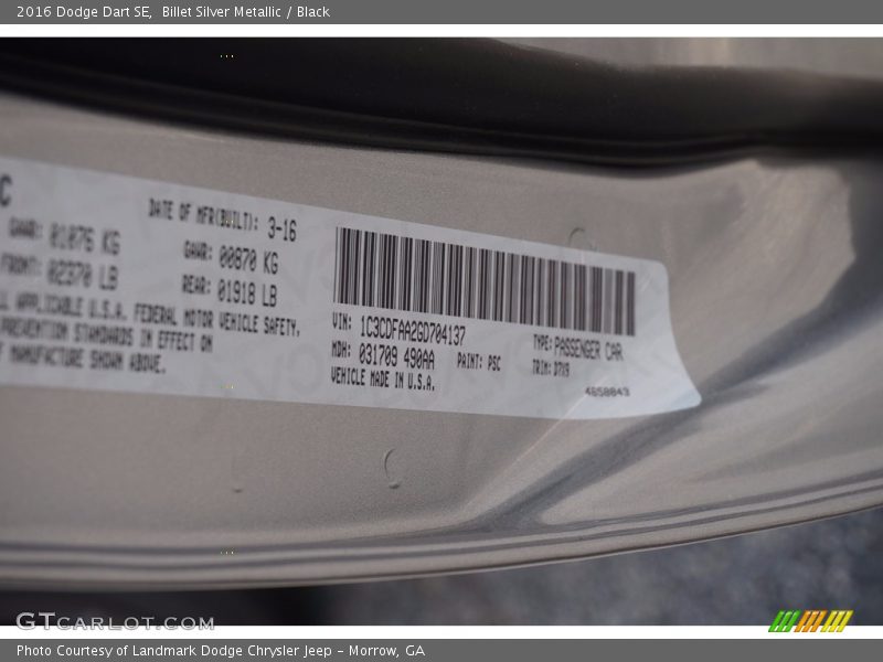 Billet Silver Metallic / Black 2016 Dodge Dart SE