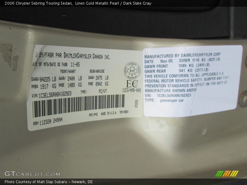Linen Gold Metallic Pearl / Dark Slate Gray 2006 Chrysler Sebring Touring Sedan