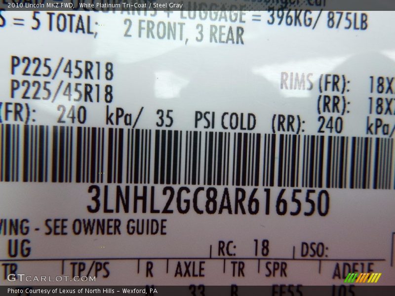 White Platinum Tri-Coat / Steel Gray 2010 Lincoln MKZ FWD