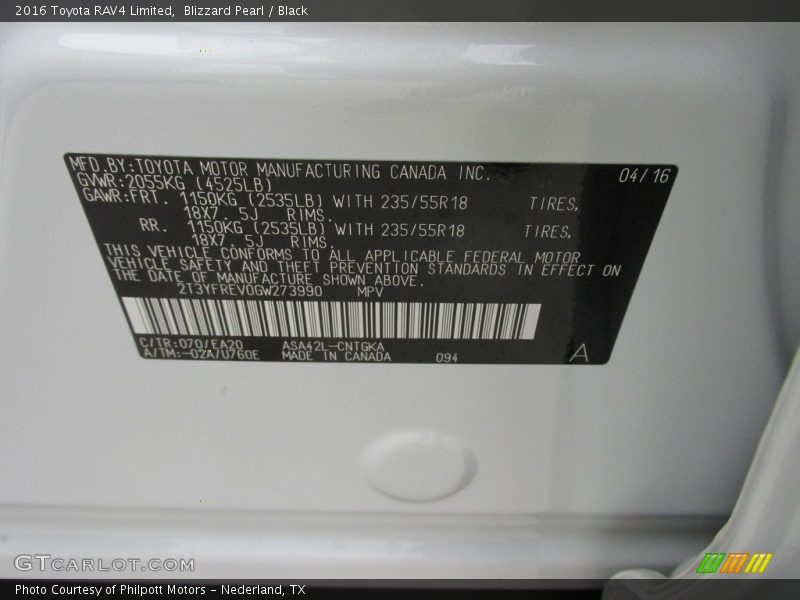 2016 RAV4 Limited Blizzard Pearl Color Code 070