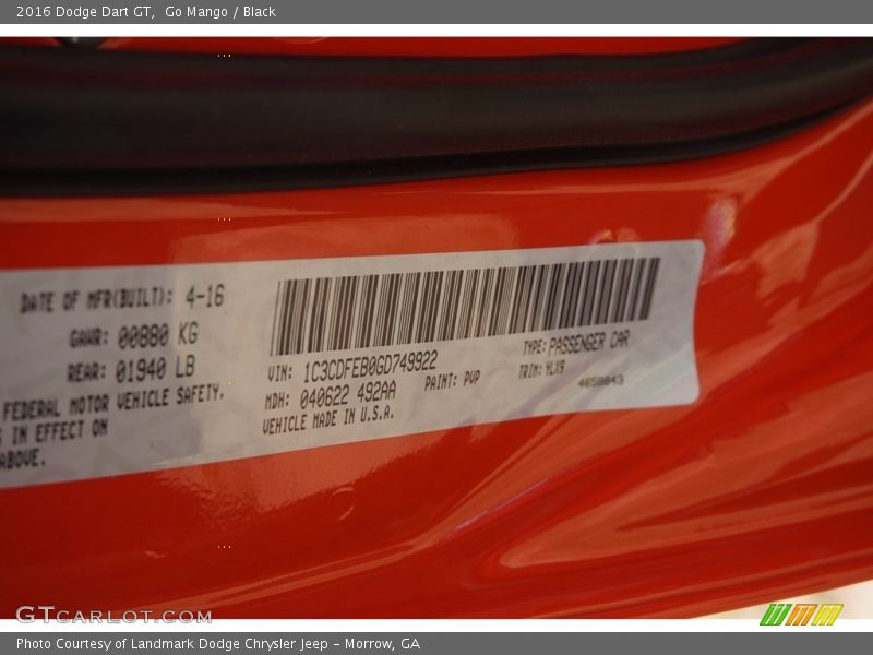 Go Mango / Black 2016 Dodge Dart GT