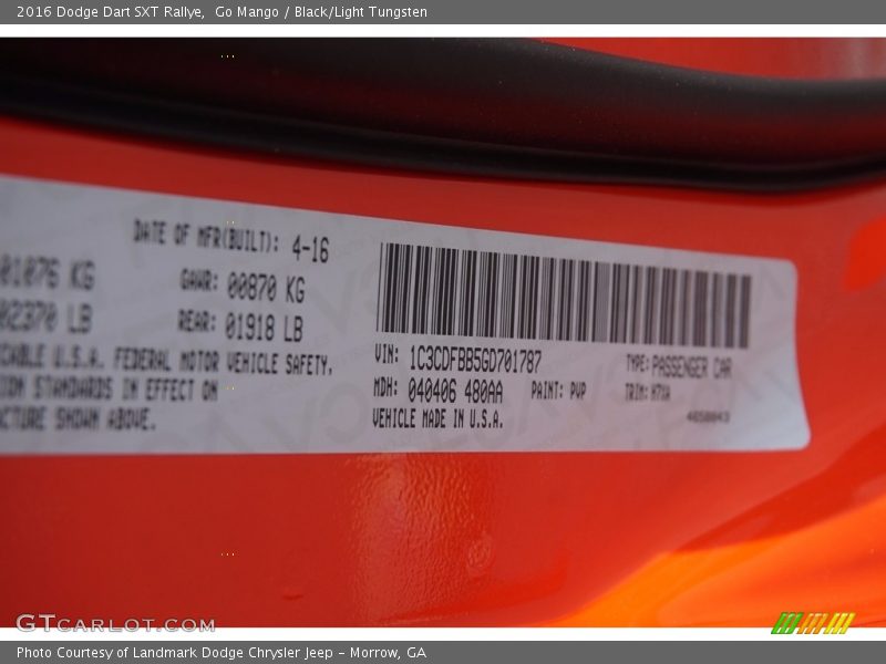 2016 Dart SXT Rallye Go Mango Color Code PVP