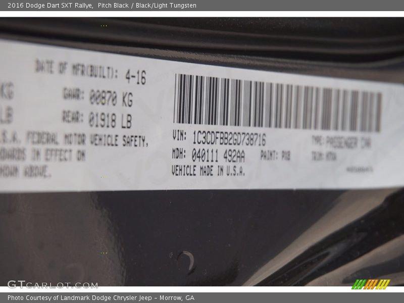 Pitch Black / Black/Light Tungsten 2016 Dodge Dart SXT Rallye