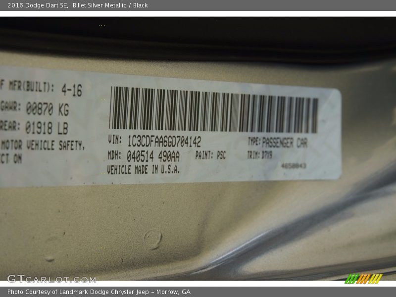 Billet Silver Metallic / Black 2016 Dodge Dart SE