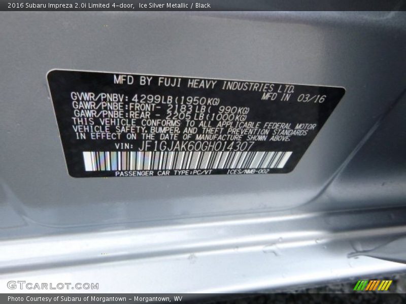 Ice Silver Metallic / Black 2016 Subaru Impreza 2.0i Limited 4-door
