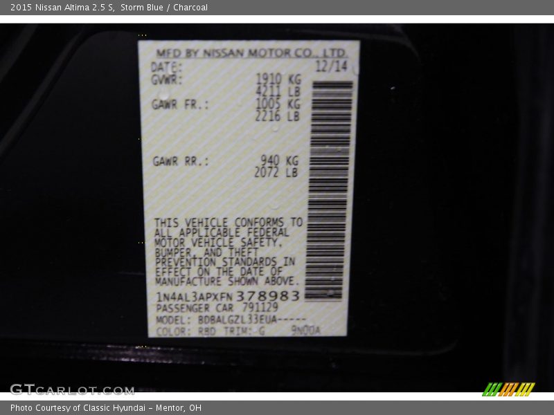 Storm Blue / Charcoal 2015 Nissan Altima 2.5 S