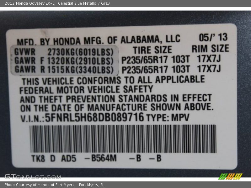 Celestial Blue Metallic / Gray 2013 Honda Odyssey EX-L