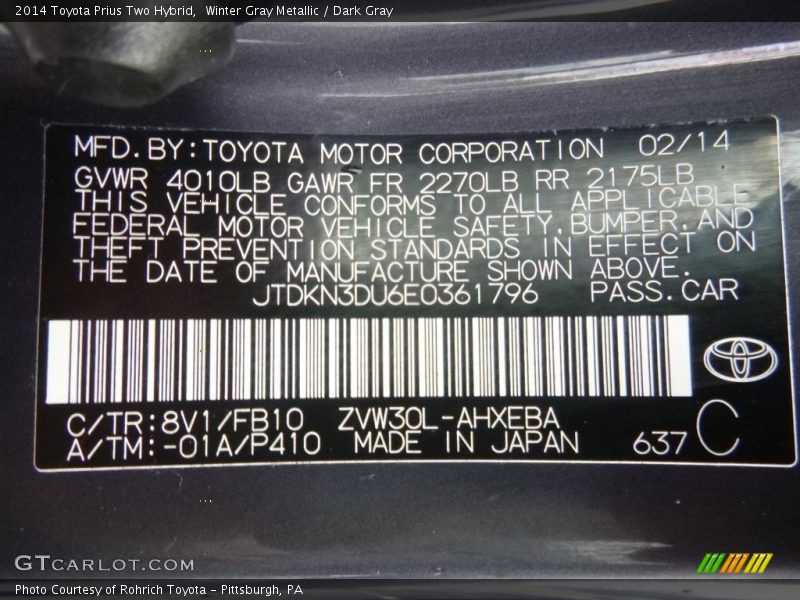Winter Gray Metallic / Dark Gray 2014 Toyota Prius Two Hybrid