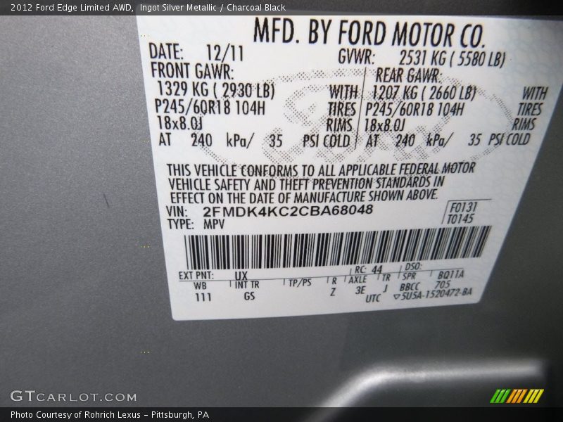Ingot Silver Metallic / Charcoal Black 2012 Ford Edge Limited AWD