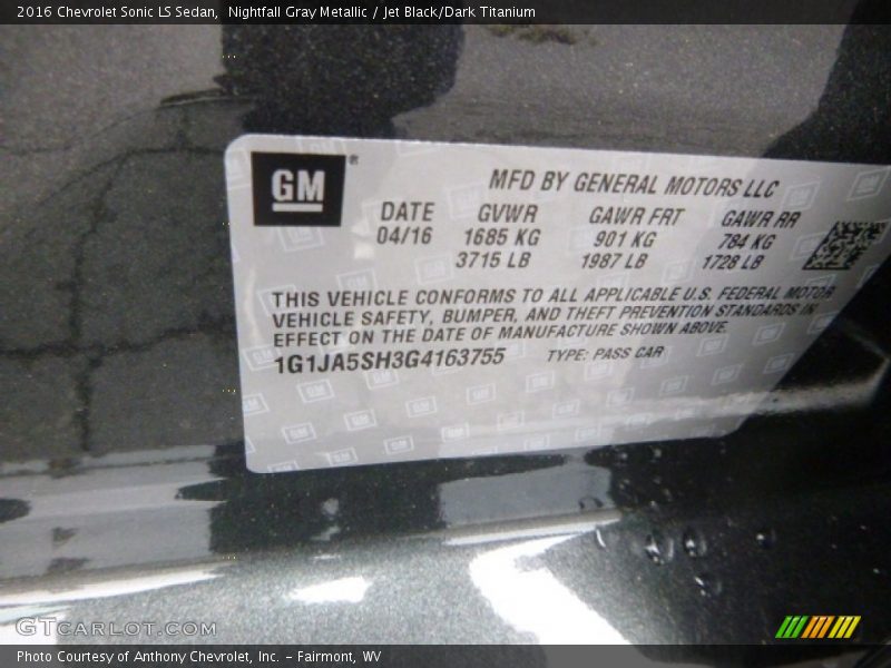 Nightfall Gray Metallic / Jet Black/Dark Titanium 2016 Chevrolet Sonic LS Sedan